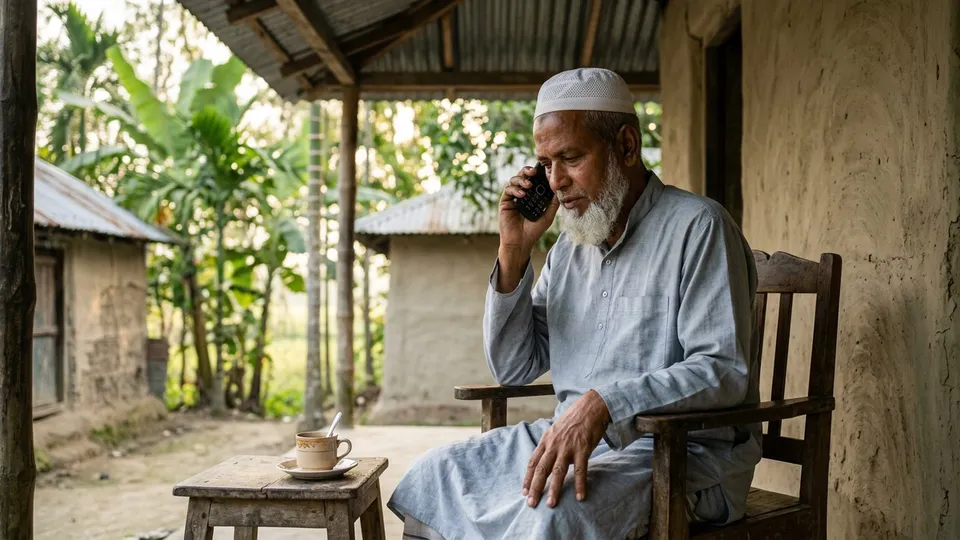 গ্রামের বাড়ির বারান্দায় বসে টুপি পরা একজন বয়স্ক পুরুষ একটা সাধারণ বাটন ফোন কানে ধরে মন দিয়ে একটা কল শুনছেন, পাশে চায়ের কাপ