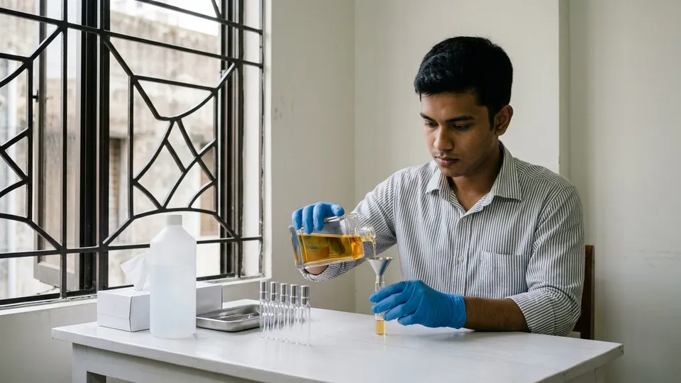 একটা পরিষ্কার সাদা টেবিলে একজন যুবক নাইট্রাইল গ্লাভস পরে একটা বড় পারফিউমের বোতল থেকে ছোট ফানেল দিয়ে ১০ মিলির কাচের স্প্রে বোতলে পারফিউম ভরছেন, পাশে অ্যালকোহলের বোতল, টিস্যু আর খালি ছোট বোতলের সারি, পেছনে খোলা জানালা