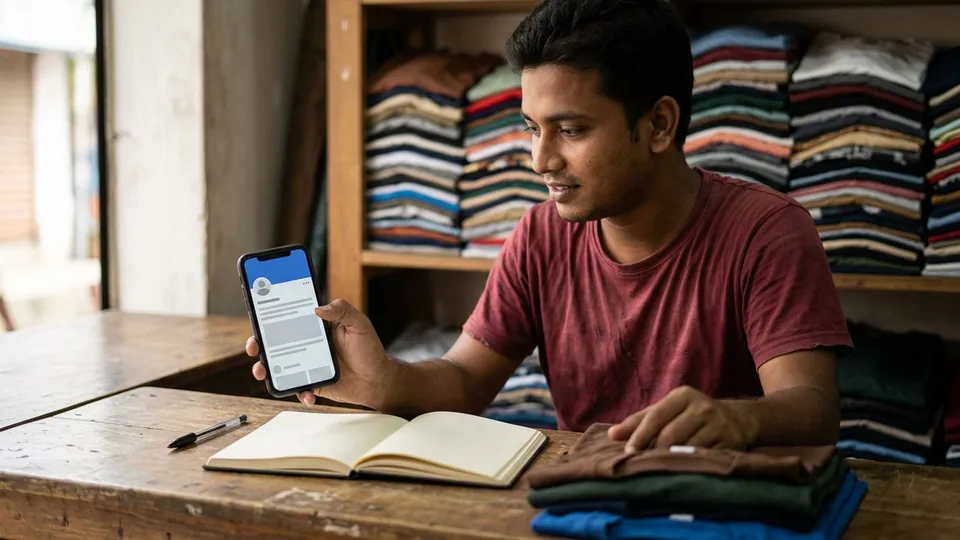 একজন তরুণ সেলার দোকানের কাউন্টারে বসে মোবাইলে নিজের ফেসবুক পেজ খুলে তিন ডটের মেনু থেকে লিংক কপি করছেন, পাশে খাতায় লিংকটা লেখার জন্য কলম রাখা