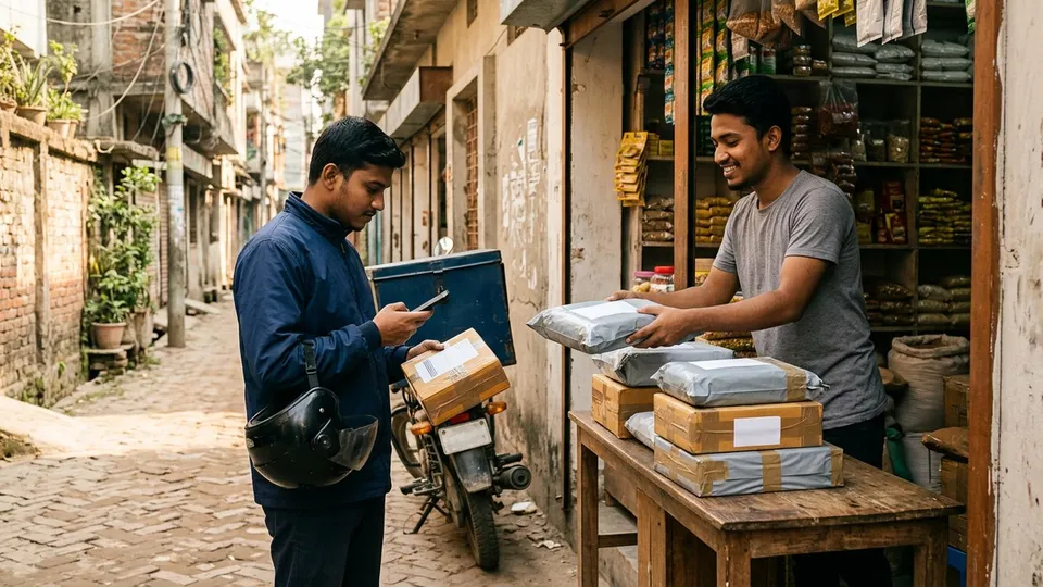 একজন পুরুষ কুরিয়ার রাইডার একটা দোকানের সামনে দাঁড়িয়ে মোবাইল দিয়ে পার্সেলের লেবেল স্ক্যান করছেন, আর দোকানের তরুণ ছেলে মালিক পার্সেলগুলো এগিয়ে দিচ্ছেন