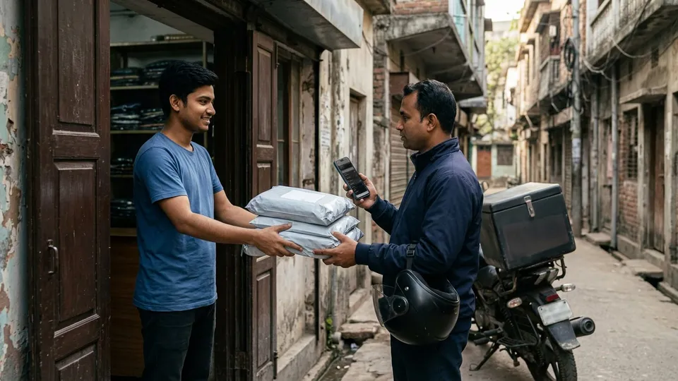 একজন তরুণ ছেলে সেলার তার দোকানের সামনে কুরিয়ারের একজন পুরুষ রাইডারের হাতে কয়েকটা প্যাকেট করা পার্সেল তুলে দিচ্ছেন, রাইডারের হাতে মোবাইলে পার্সেলের লিস্ট খোলা