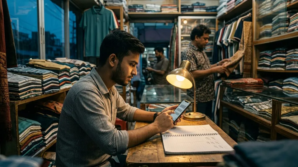 একজন যুবক সন্ধ্যায় দোকানের ডেস্কে বসে ফোনে একটা পোস্টের কমেন্টের উত্তর দিচ্ছেন, পাশে খোলা খাতায় দুই কলামে প্রশ্নের সংখ্যা লেখা, এক কলামে ১০০ আর আরেক কলামে ৩৫