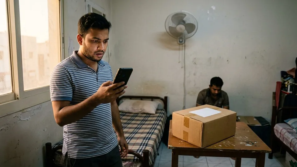 একজন প্রবাসী তরুণ ছোট একটা ঘরে দাঁড়িয়ে মোবাইলে কুরিয়ারের মেসেজ পড়ছেন, যেখানে পার্সেল নেওয়ার আগে শুল্ক দেওয়ার কথা লেখা, পাশে টেবিলে বাংলাদেশ থেকে আসা একটা বাক্সের ছবি