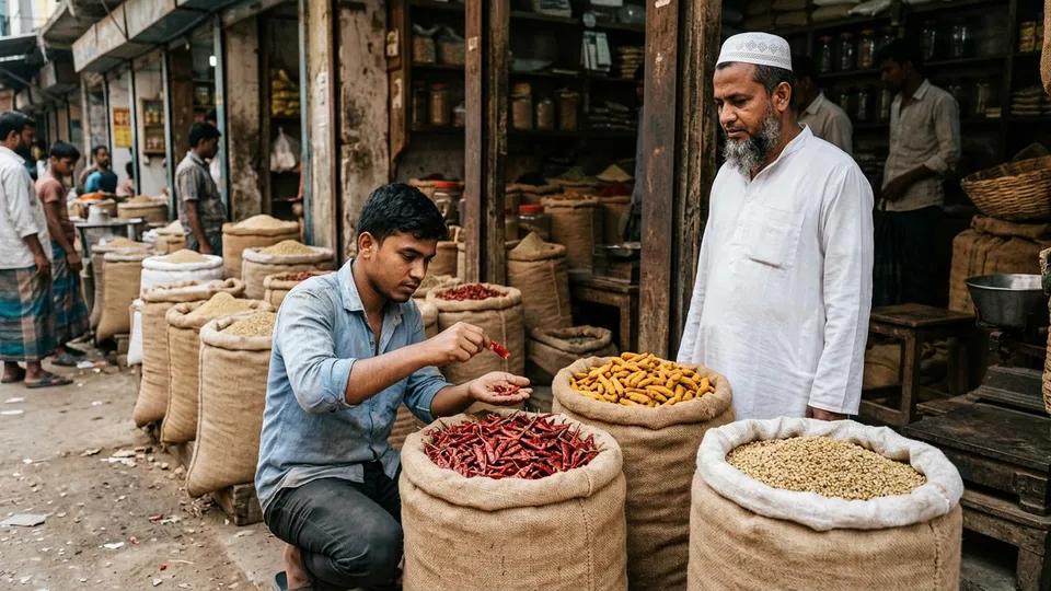 পুরান ঢাকার একটা মসলার পাইকারি দোকানে একজন তরুণ সেলার বস্তা থেকে শুকনা মরিচ হাতে নিয়ে ভেঙে দেখছেন, পাশে খোলা বস্তায় হলুদ আর ধনিয়া, দোকানদার পাশে দাঁড়িয়ে