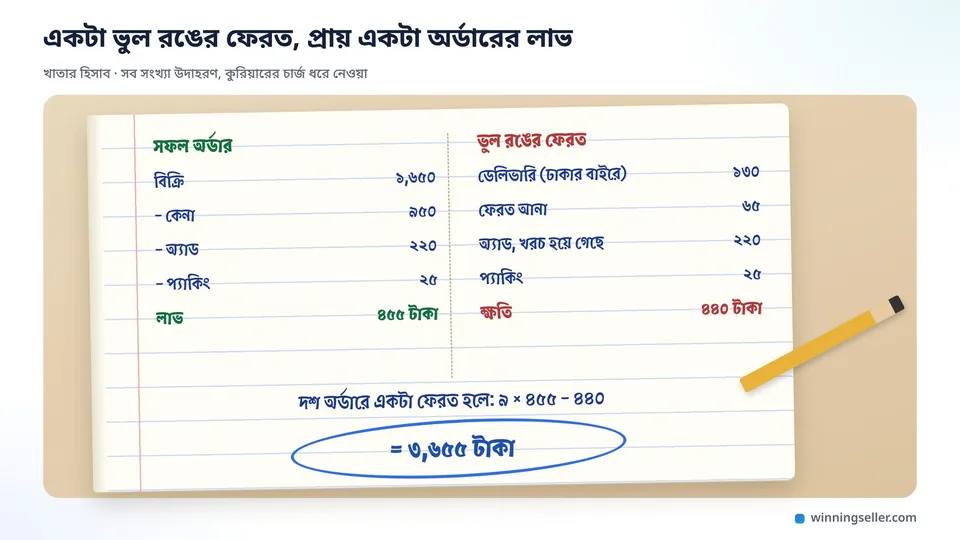 খাতায় হাতে আঁকা দুই কলামের হিসাবের নকশা, বাঁ কলামে সফল অর্ডারে লাভ ৪৫৫ টাকা, ডান কলামে ভুল রঙের ফেরতে ক্ষতি ৪৪০ টাকা, নিচে দশ অর্ডারে মোট ৩,৬৫৫ টাকা গোল করে দাগানো