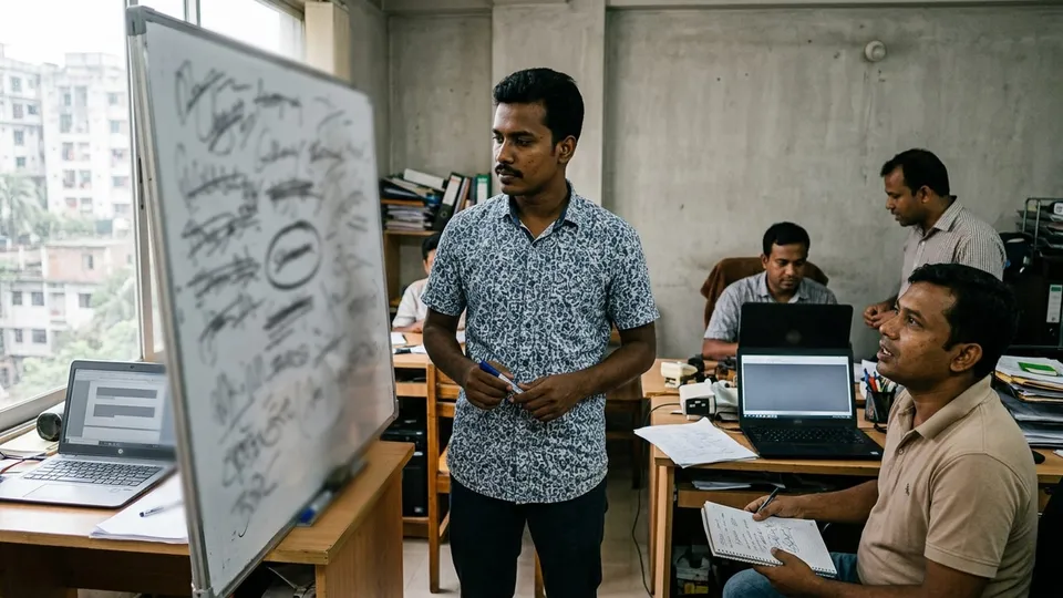 একজন তরুণ উদ্যোক্তা ছোট অফিসঘরে একটা সাদা বোর্ডের সামনে দাঁড়িয়ে আছেন, বোর্ডে মার্কারে লেখা কয়েকটা লাইন, বেশিরভাগ লাইন কেটে দেওয়া, একটা লাইনের চারপাশে গোল দাগ