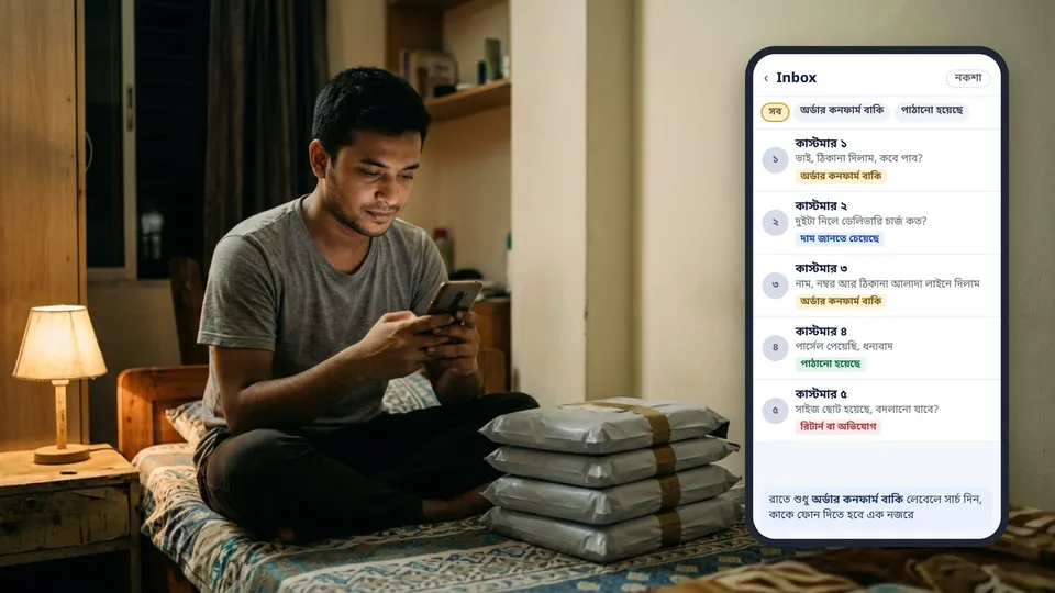 রাতে বিছানায় বসে একজন পুরুষ সেলার মোবাইলে মেসেজ দেখছেন, পাশে প্যাক করা কয়েকটা পার্সেল, আর ইনবক্সের নকশায় মেসেজগুলোর গায়ে দাম জানতে চেয়েছে, অর্ডার কনফার্ম বাকি, পাঠানো হয়েছে আর রিটার্ন বা অভিযোগের রঙিন লেবেল