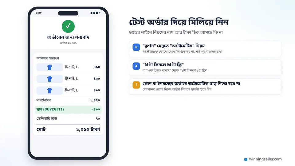 মোবাইলে একটা অনলাইন দোকানের ধন্যবাদ পেজের নকশা, অর্ডারের সারাংশে তিনটা টি-শার্ট, প্রতিটা ৪৯০ টাকা, তার নিচে ছাড় (BUY2GET1) মাইনাস ৪৯০ টাকা, ডেলিভারি চার্জ আর একদম নিচে মোট টাকা মোটা অক্ষরে