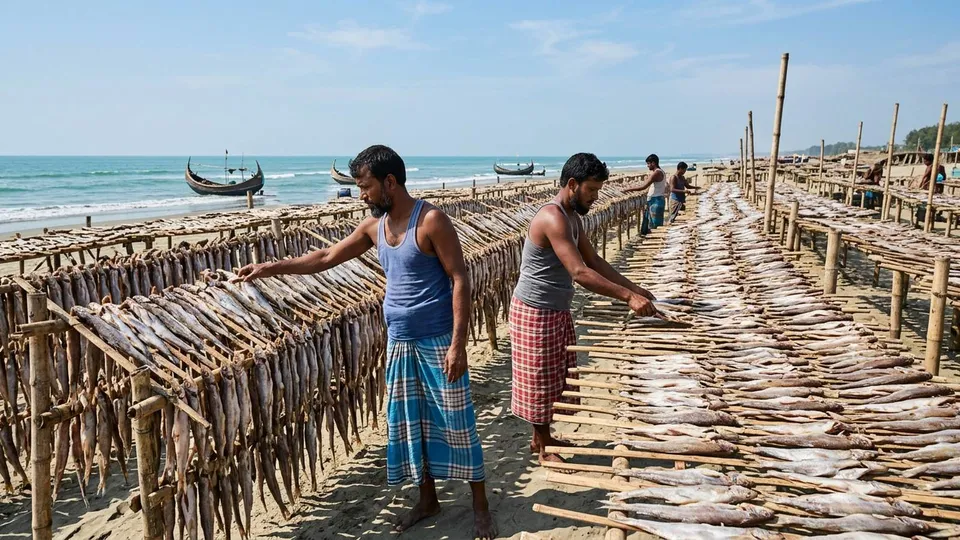 সমুদ্রের ধারে লম্বা বাঁশের মাচায় সারি সারি লইট্যা মাছ শুকাচ্ছে, দুজন লুঙ্গি পরা পুরুষ শ্রমিক মাছ উল্টে দিচ্ছেন, পেছনে নীল আকাশ