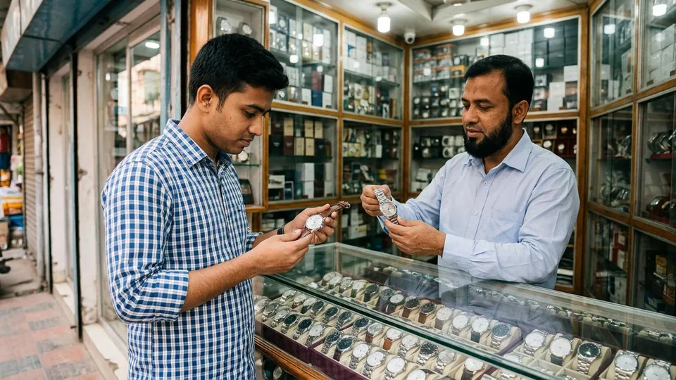 পুরান ঢাকার একটা পাইকারি ঘড়ির দোকানের কাউন্টার, কাচের ট্রেতে সাজানো সারি সারি হাতঘড়ি, এক তরুণ সেলার হাতে একটা ঘড়ি নিয়ে দেখছেন আর মাঝবয়সী এক পুরুষ দোকানি পাশে দাঁড়িয়ে আরেকটা ঘড়ি দেখাচ্ছেন