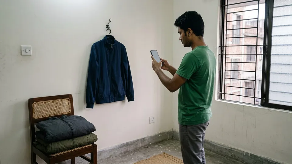 জানালার পাশে দেয়ালের হুকে ঝোলানো একটা নেভি জিপার জ্যাকেট, সামনে একজন যুবক মোবাইল হাতে জ্যাকেটের ছবি তুলছেন, পাশে চেয়ারে ভাঁজ করা আরও কয়েকটা জ্যাকেট