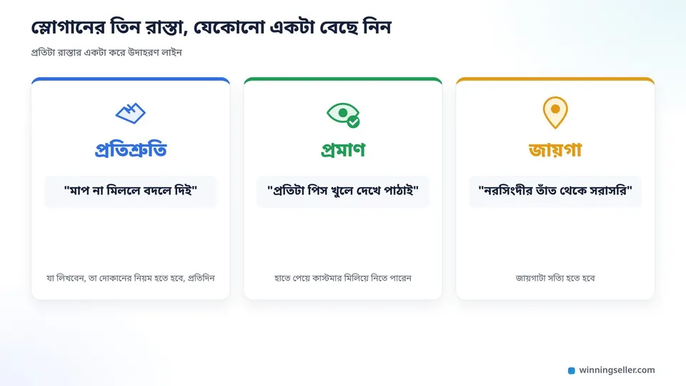 একটা পরিষ্কার নকশা, তিনটা কার্ড পাশাপাশি, প্রথমটায় হাত মেলানোর আইকন আর প্রতিশ্রুতি লেখা, দ্বিতীয়টায় চোখ আর টিক চিহ্নের আইকন আর প্রমাণ লেখা, তৃতীয়টায় মানচিত্রের পিন আর জায়গা লেখা, প্রতিটার নিচে একটা করে ছোট উদাহরণ লাইন