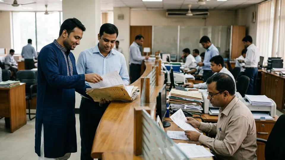 একটা ব্যাংকের কাউন্টারে দাঁড়িয়ে দুজন পুরুষ পরিচালক একটা মোটা ফাইল থেকে কাগজ বের করে দিচ্ছেন, কাউন্টারের ওপাশে একজন পুরুষ ব্যাংক কর্মকর্তা কাগজে সিল দেখছেন