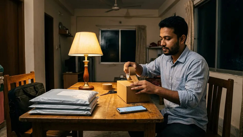 রাতে বাসার টেবিলে বসে একজন তরুণ চাকরিজীবী পুরুষ পার্সেল প্যাক করছেন, পাশে অফিসের ব্যাগ, মোবাইলে খোলা অর্ডারের লিস্ট আর কয়েকটা লেবেল লাগানো প্যাকেট