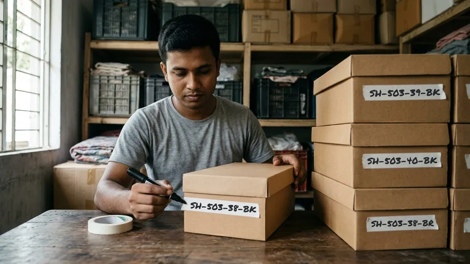 একজন তরুণ সেলার কাঠের টেবিলে বসে মার্কার দিয়ে একটা জুতার বাক্সের পাশে বড় করে SH-503-38-BK লিখছেন, পাশে আরও কয়েকটা বাক্স সারি করে রাখা