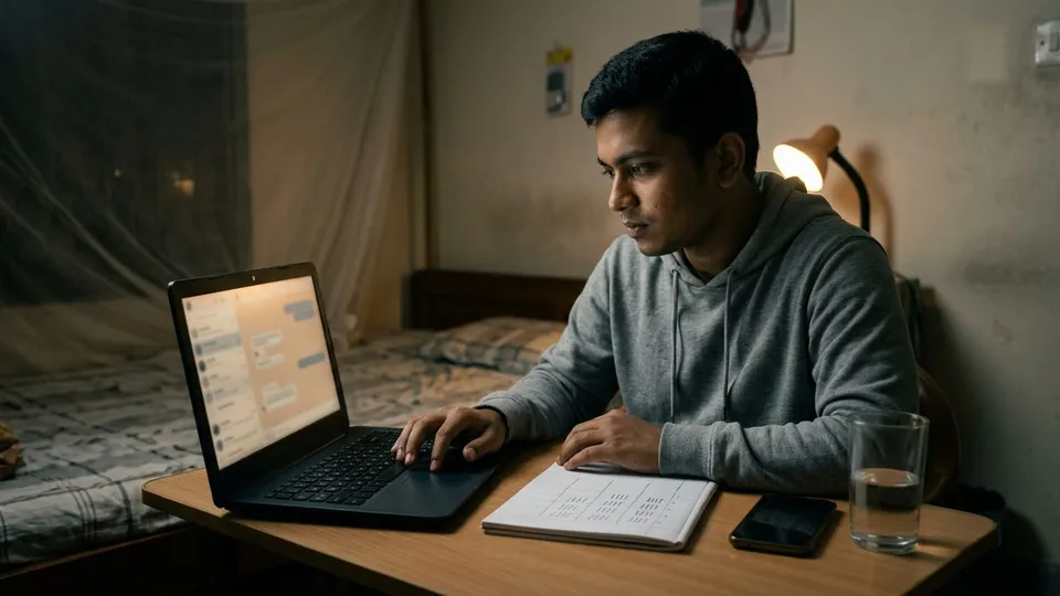 একজন তরুণ ছেলে মডারেটর রাতে নিজের ঘরে ল্যাপটপের সামনে বসে আছেন, পাশে টেবিলে খোলা একটা খাতায় দিনের ঘণ্টা ধরে মেসেজের দাগ টানা