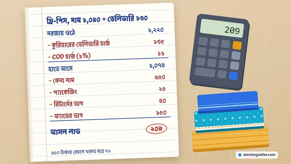 খোলা খাতায় হাতে লেখা হিসাব, পাশে ক্যালকুলেটর আর ভাঁজ করা একটা থ্রি-পিস, ১,২২০ টাকা কোথায় কোথায় ভাগ হলো তা লাইন ধরে লেখা