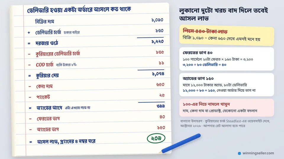 খাতার পাতায় হাতে লেখা হিসাব, ওপরে বিক্রির দাম ১,০৯০ আর ডেলিভারি চার্জ ১৩০, তার নিচে একে একে কুরিয়ারের কাটা, কেনা দাম, প্যাকেট, ফেরতের ভাগ আর অ্যাডের ভাগ বিয়োগ করা, শেষ লাইনে ২০৯ টাকা গোল দাগে ঘেরা, পাশে একটা কলম আর দুই ভাগের হিসাবের ছোট কার্ড