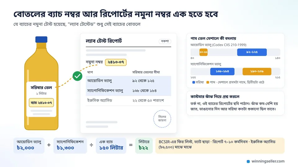 এক লিটারের সরিষার তেলের বোতলের লেবেলে ব্যাচ নম্বর আর ল্যাব রিপোর্টের নকশায় একই নমুনা নম্বর মিলে যাওয়ার দাগ, পাশে আয়োডিন ভ্যালু আর স্যাপোনিফিকেশন ভ্যালুতে সরিষা আর পাম তেলের সীমা, নিচে দুই টেস্টের খরচ ১৫০ লিটারে ভাগ করে লিটারে ২২ টাকা
