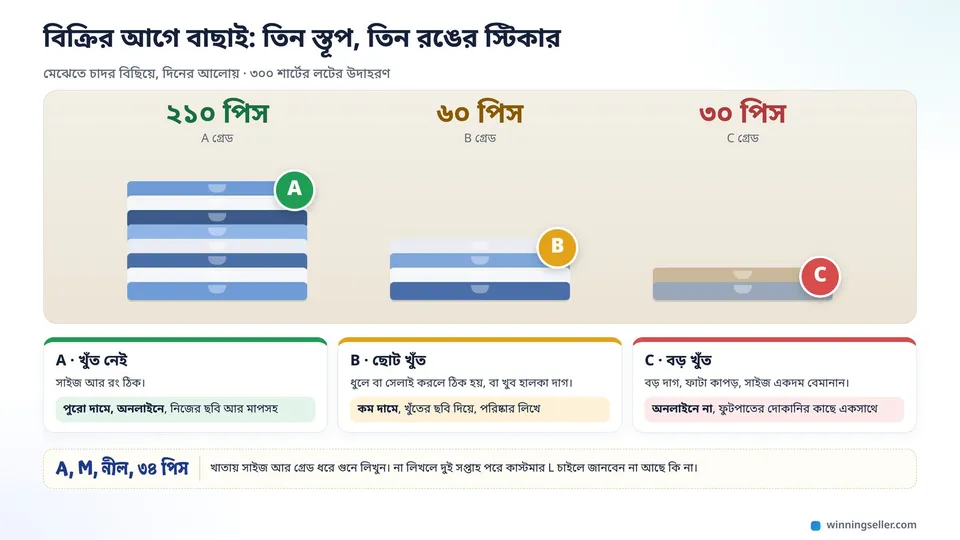 তিন রঙের স্টিকার লাগানো ভাঁজ করা শার্টের তিনটা স্তূপের নকশা, A গ্রেড ২১০ পিস সবুজ, B গ্রেড ৬০ পিস হলুদ, C গ্রেড ৩০ পিস লাল, নিচে কোনটা কীভাবে বেচবেন