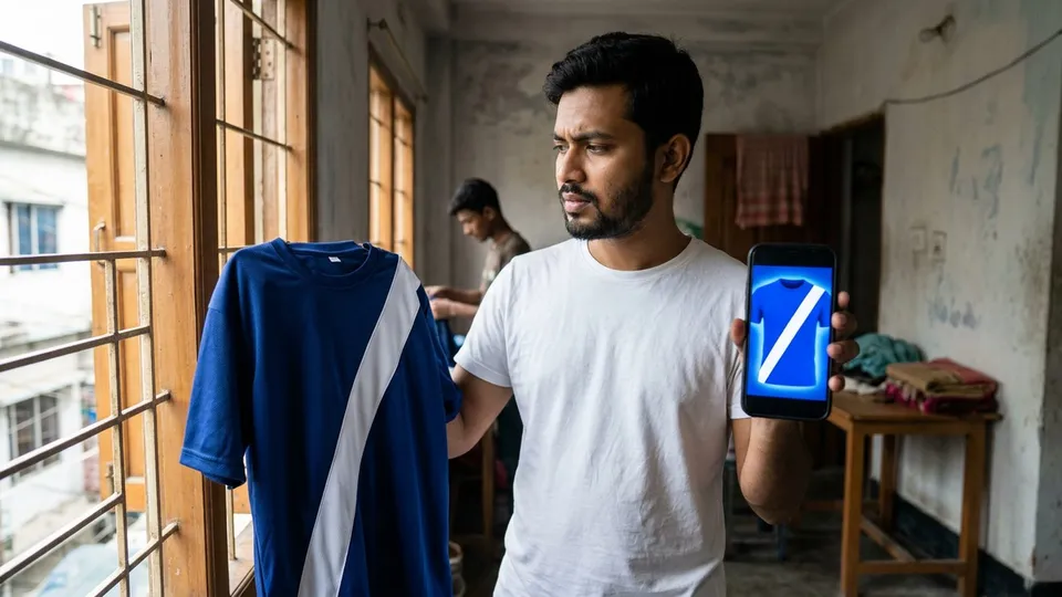 দিনের আলোয় জানালার পাশে একজন তরুণ একটা ছাপানো স্যাম্পল জার্সি ধরে আছেন, অন্য হাতে মোবাইলের স্ক্রিনে একই ডিজাইনের মকআপ, দুটোর নীল রঙে স্পষ্ট পার্থক্য