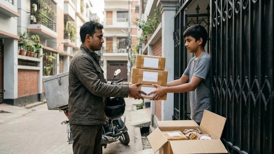 বাসার গেটে একজন পুরুষ কুরিয়ার রাইডার এক তরুণ ছেলের হাত থেকে লেবেল লাগানো কয়েকটা পার্সেল নিচ্ছেন, পাশে একটা কার্টনে আরও প্যাকেট রাখা