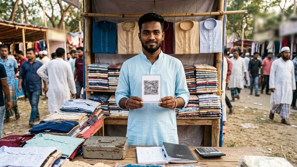 মেলার একটা স্টলে একজন তরুণ দোকানি হাতে একটা ল্যামিনেট করা QR কোডের স্ট্যান্ড ধরে আছেন, পেছনে ঝুলছে পাঞ্জাবি, সামনে টেবিলে ভাঁজ করা কাপড় আর একটা ছোট ক্যাশবক্স