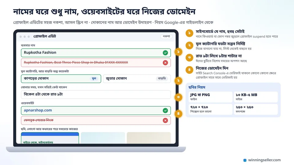 ল্যাপটপের স্ক্রিনে বিজনেস প্রোফাইল এডিটের নকশা, নামের ঘরে শুধু দোকানের নাম, ক্যাটাগরিতে কাপড়ের দোকান, ওয়েবসাইটের ঘরে দোকানের নিজের ডোমেইন, পাশে ভুল নাম আর ফেসবুক লিংক কেটে দেওয়া