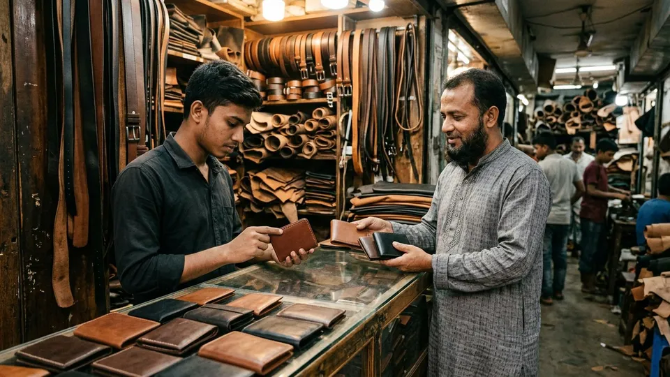 একজন তরুণ সেলার হাজারীবাগের একটা চামড়ার দোকানের কাউন্টারে দাঁড়িয়ে দাড়িওয়ালা মাঝবয়সী দোকানির সামনে কয়েকটা বাদামি আর কালো মানিব্যাগের কিনারা আঙুল দিয়ে দেখছেন, পেছনের তাকে সাজানো বেল্ট
