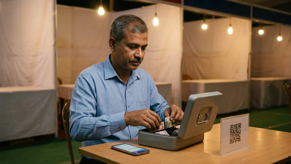 একজন মাঝবয়সী লোক মেলার স্টলের পেছনে বসে একটা ছোট ক্যাশবক্সে ১০, ২০, ৫০ আর ১০০ টাকার নোট আলাদা আলাদা খোপে সাজাচ্ছেন, টেবিলের কোনায় একটা প্রিন্ট করা মার্চেন্ট QR কোডের স্ট্যান্ড, পাশে তাঁর মোবাইলে পেমেন্টের নোটিফিকেশন