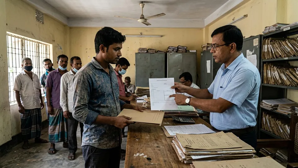 একটা সরকারি অফিসের কাউন্টারে একজন তরুণ দোকানি ট্রেড লাইসেন্সের ফাইল হাতে দাঁড়িয়ে, ওপাশে একজন পুরুষ কর্মচারী ফর্মের একটা ঘর আঙুল দিয়ে দেখাচ্ছেন