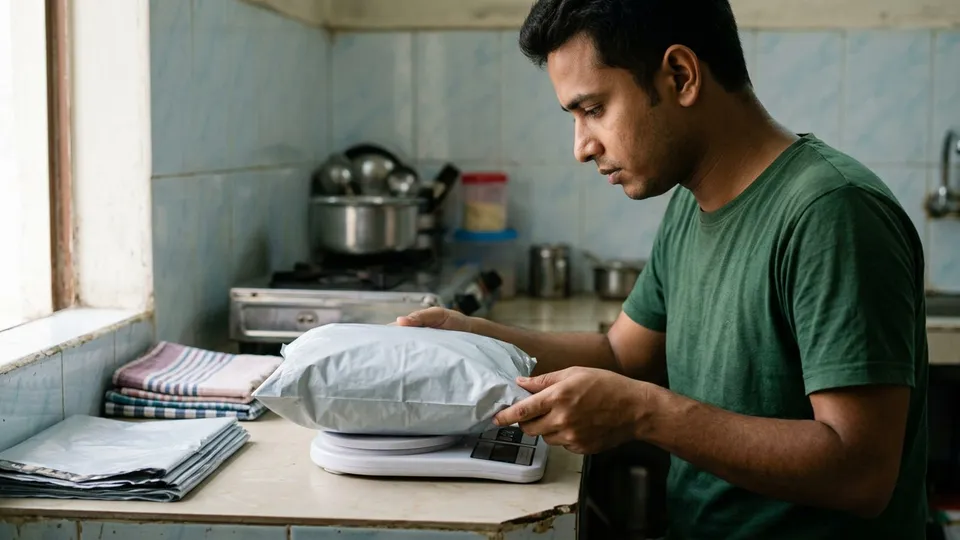 একজন তরুণ পুরুষ সেলার রান্নাঘরের ডিজিটাল ওজন মাপার যন্ত্রে পলিতে ভরা একটা পার্সেল মাপছেন, পাশে কয়েকটা সিলভার রঙের কুরিয়ার পলি আর ভাঁজ করা কাপড়