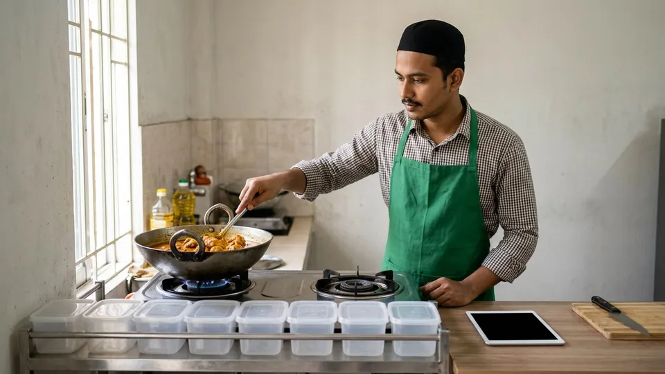 বাসার পরিষ্কার রান্নাঘরে একজন যুবক অ্যাপ্রন আর ক্যাপ পরে চুলায় কড়াইয়ে রান্না করছেন, সামনের তাকে ঢাকনা লাগানো একই রকম কয়েকটা খাবারের কন্টেইনার সারি করে রাখা, পাশে একটা ট্যাবলেট রাখা