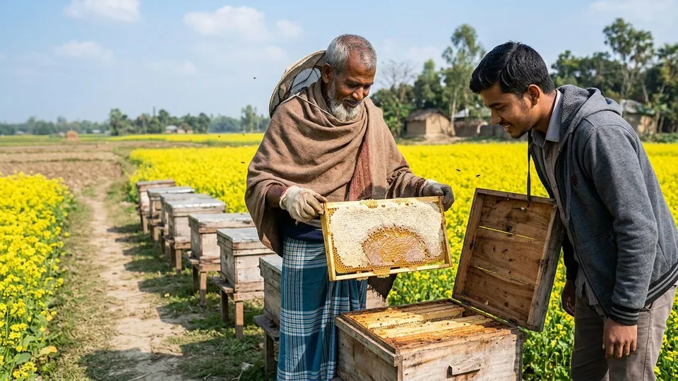 একজন তরুণ সেলার সরিষা খেতের পাশে সারি করে রাখা কাঠের মৌবাক্সের সামনে দাঁড়িয়ে একজন বয়স্ক মৌচাষির হাত থেকে মধুভরা একটা ফ্রেম দেখছেন, ফ্রেমের বেশিরভাগ ঘর মোম দিয়ে বন্ধ