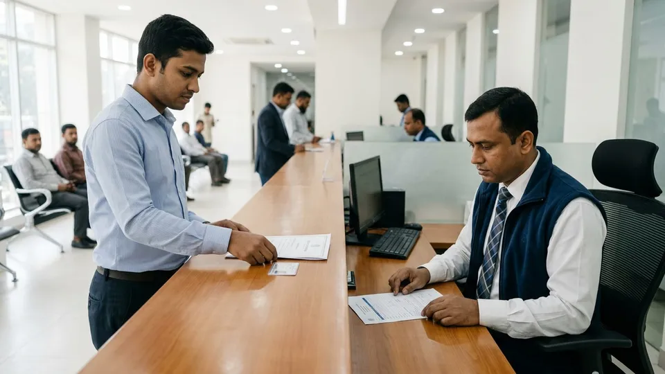 একজন পুরুষ সেলার ব্যাংকের কাউন্টারে দাঁড়িয়ে ট্রেড লাইসেন্স আর জাতীয় পরিচয়পত্র এগিয়ে দিচ্ছেন, সামনে ব্যাংকের একজন পুরুষ কর্মকর্তা ফর্ম দেখছেন
