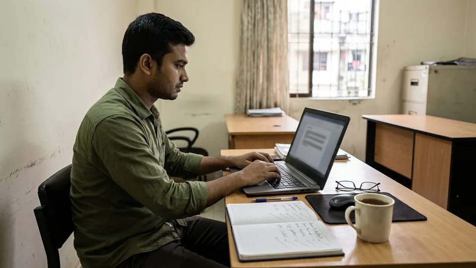 একজন যুবক নিজের ছোট অফিসের ডেস্কে বসে ল্যাপটপে দোকানের About পেজের লেখা টাইপ করছেন, পাশে একটা খোলা খাতায় হাতে লেখা চারটা পেজের নাম আর টিক চিহ্ন
