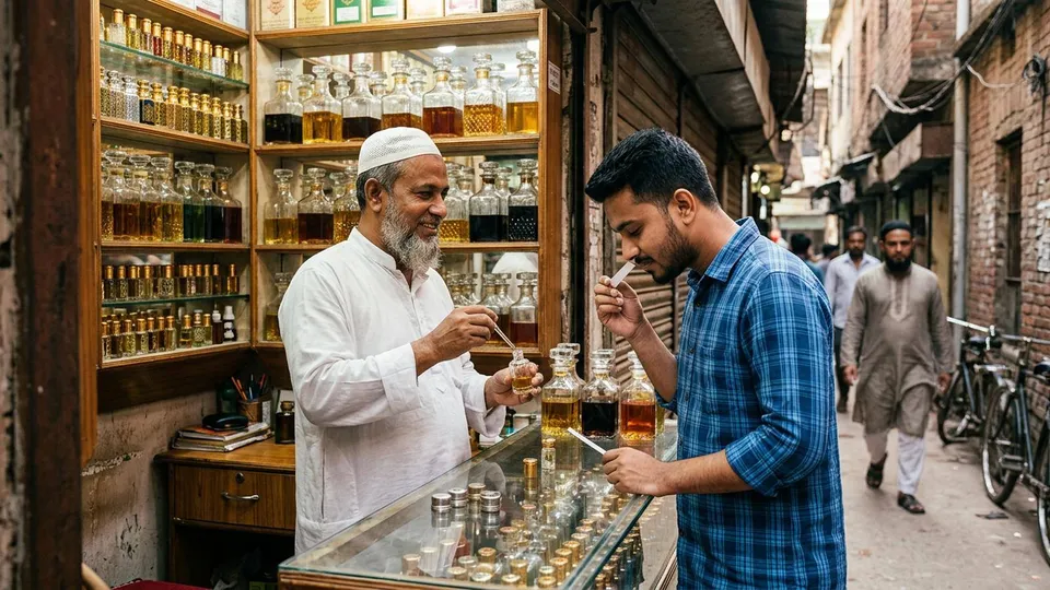 পুরান ঢাকার একটা সরু গলিতে আতরের দোকান, তাকে সারি সারি ছোট কাচের বোতল, কাউন্টারে দাঁড়িয়ে একজন তরুণ সেলার দোকানির কাছ থেকে নমুনার বোতল শুঁকে দেখছেন