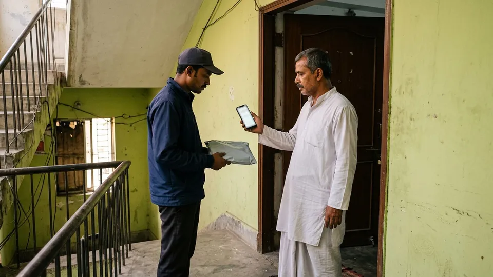 দরজার সামনে একজন পুরুষ ডেলিভারি কর্মী হাতে পার্সেল নিয়ে দাঁড়িয়ে, আর একজন মাঝবয়সী লোক তাঁর মোবাইলে আসা OTP দেখাচ্ছেন
