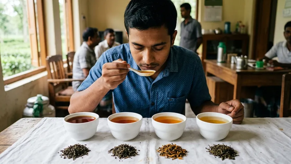 টেবিলের ওপর পাশাপাশি চারটা সাদা কাপে চার রকম চায়ের লিকার, কোনোটা গাঢ় লাল কোনোটা হালকা সোনালি, প্রতিটা কাপের সামনে শুকনো চা পাতার ছোট স্তূপ, পেছনে একজন তরুণ চামচে চায়ের ঘ্রাণ নিচ্ছেন