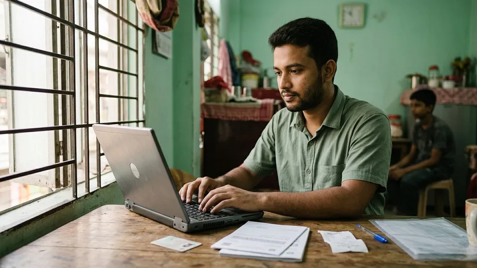 একজন তরুণ পুরুষ সেলার বাসার টেবিলে বসে ল্যাপটপে ট্রেড লাইসেন্সের অনলাইন ফর্ম পূরণ করছেন, পাশে জাতীয় পরিচয়পত্র, বাড়ির দলিলের ফটোকপি আর হোল্ডিং ট্যাক্সের রিসিট রাখা