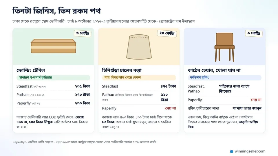 তিনটা কার্ড পাশাপাশি, ৬ কেজির ফোল্ডিং টেবিল, ২০ কেজির চালের বস্তা আর ৯ কেজির কাঠের চেয়ার, প্রতিটার নিচে কুরিয়ারভেদে চার্জ আর কোন পথে পাঠাবেন লেখা