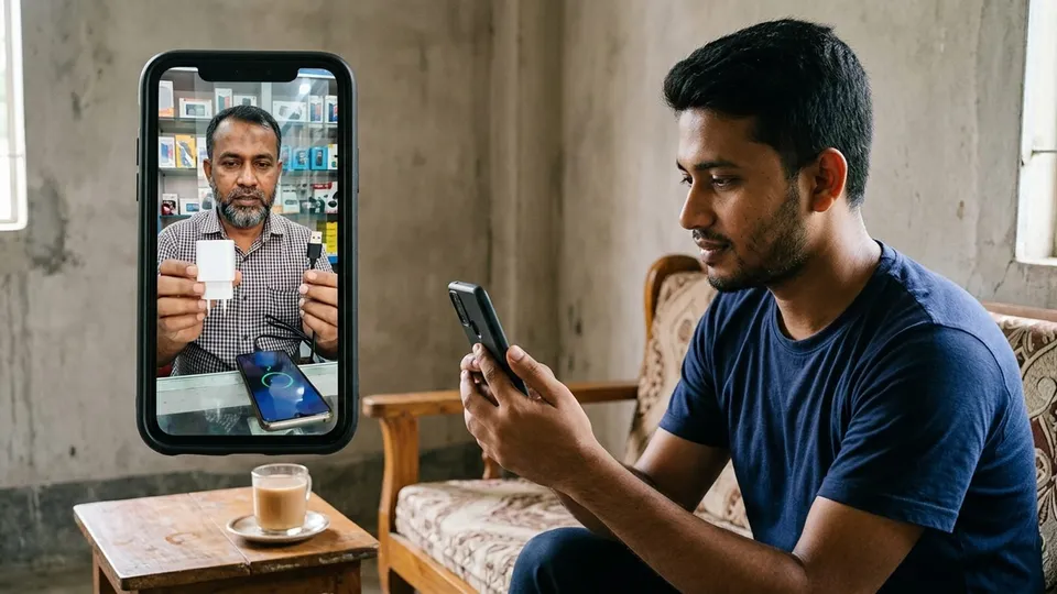 একজন তরুণ সেলার বাসায় বসে মোবাইলে পাইকারের সাথে ভিডিও কলে কথা বলছেন, স্ক্রিনে পাইকার একটা চার্জার ক্যামেরার সামনে ধরে চালিয়ে দেখাচ্ছেন