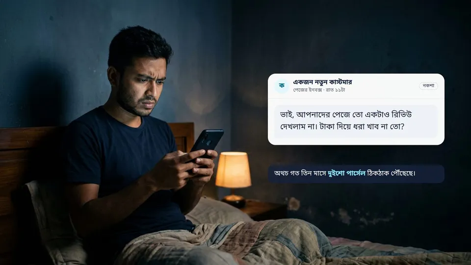 একজন তরুণ সেলার রাতে বিছানায় বসে মোবাইলে পেজের ইনবক্স পড়ছেন, পাশে একজন নতুন কাস্টমারের মেসেজ যে পেজে একটাও রিভিউ নেই কেন