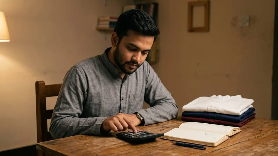 একজন তরুণ সেলার টেবিলে বসে ক্যালকুলেটরে ছাড়ের পরে লাভ মেলাচ্ছেন, পাশে ভাঁজ করা পাঞ্জাবি আর একটা খাতায় লেখা হিসাব