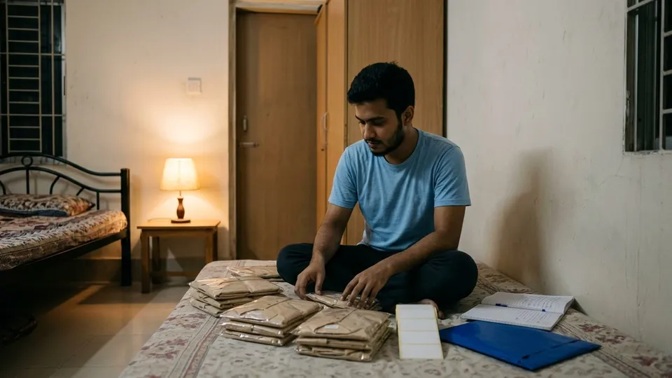 একজন তরুণ ছেলে রাতে নিজের ঘরের মেঝেতে বসে একই সাইজের কয়েকটা পাঞ্জাবির প্যাকেট আলাদা করে সাজাচ্ছেন, পাশে খালি লেবেলের একটা গোছা আর একটা খাতায় সাইজের লিস্ট লেখা
