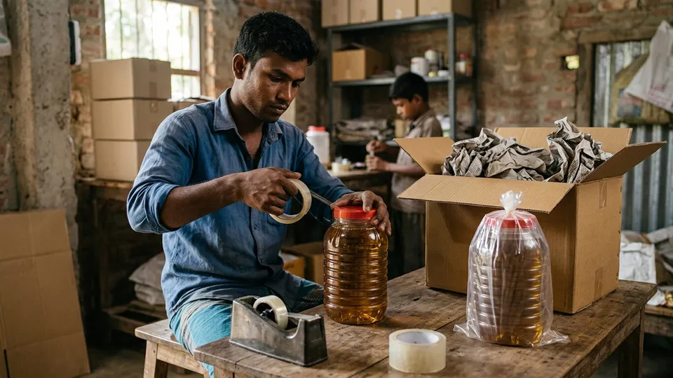 একজন তরুণ পুরুষ সেলার টেবিলে বসে পাঁচ লিটারের একটা প্লাস্টিকের তেলের জারের ঢাকনার জোড়ায় টেপ পেঁচাচ্ছেন, পাশে আরেকটা জার মুখ বাঁধা স্বচ্ছ পলিতে ভরা, আর একটা খোলা কার্টনে দলা পাকানো কাগজ