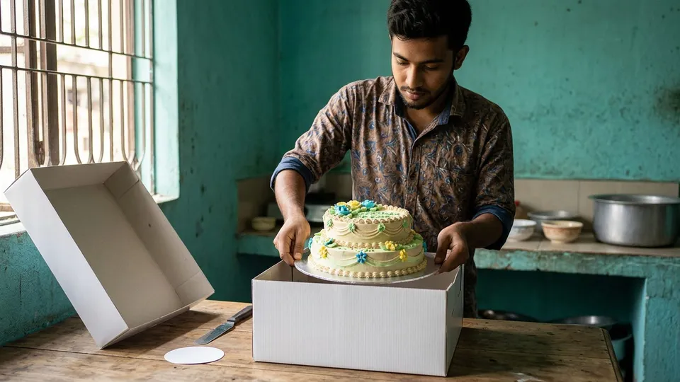 রান্নাঘরের টেবিলে একজন তরুণ সেলার একটা সাজানো কেক শক্ত কেক বোর্ডসহ দুই হাতে ধরে একটা উঁচু সাদা বক্সে নামাচ্ছেন, পাশে বক্সের ঢাকনা আর একটা ছোট স্টিকার