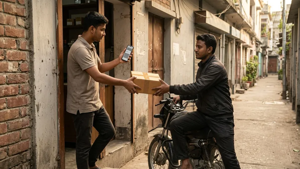 একজন যুবক দোকানি দোকানের সামনে একজন কুরিয়ার রাইডারের হাতে একটা সাধারণ বাদামি অর্ডারের পার্সেল তুলে দিচ্ছেন, রাইডারের মোটরসাইকেল পাশে দাঁড় করানো, দোকানির হাতে ফোন ছবি তোলার জন্য