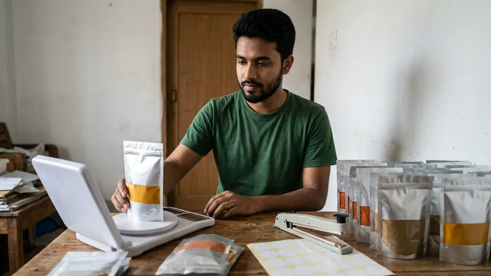 প্যাকিং টেবিলে বসে একজন তরুণ সেলার ডিজিটাল ওজন যন্ত্রে একটা হলুদের পাউচ মাপছেন, পাশে মরিচ আর ধনিয়ার গুঁড়ার ভরা পাউচের সারি, হাতে সিল করার ছোট মেশিন আর ব্যাচ নম্বরের স্টিকার