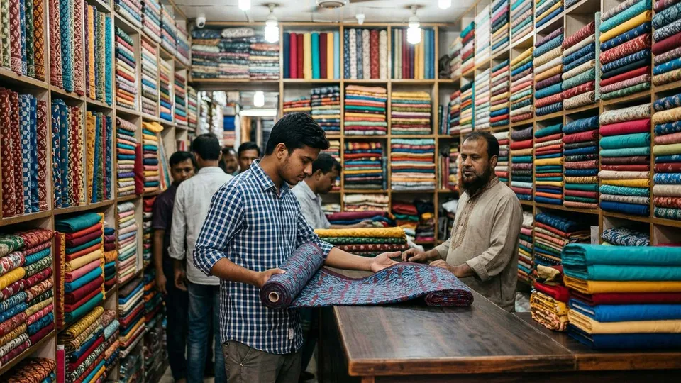 ইসলামপুরের একটা পাইকারি দোকানে থানের পর থান রঙিন কাপড় সাজানো, সামনে দাঁড়িয়ে একজন তরুণ সেলার একটা থান হাতে নিয়ে কাপড়টা দেখছেন